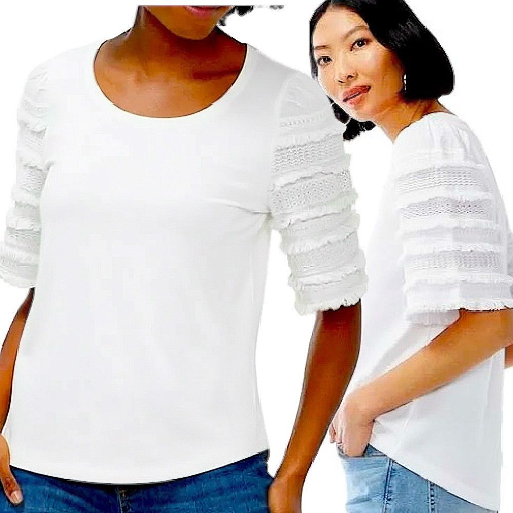 Chico’s White Touch Of Cool Cut Out Fringe Short Sleeve Top Size 0 | Small